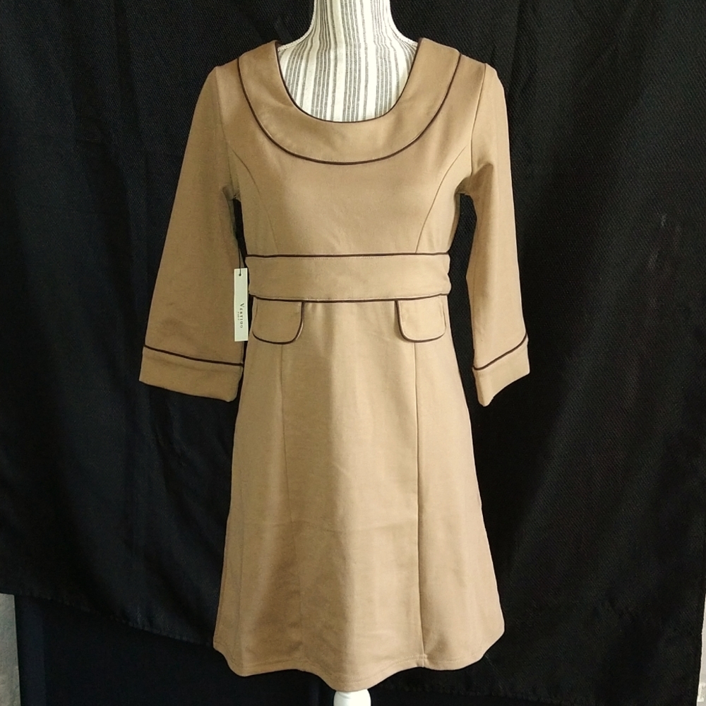 Vertigo Paris Brown Vintage 50s Style Dress A-line Elbow Sleeves Size Small